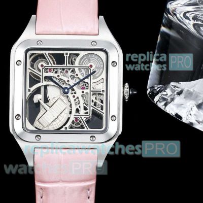 Super Clone Cartier Santos Dumont Silver Skeleton Dial Micro Rotor Pink Strap 